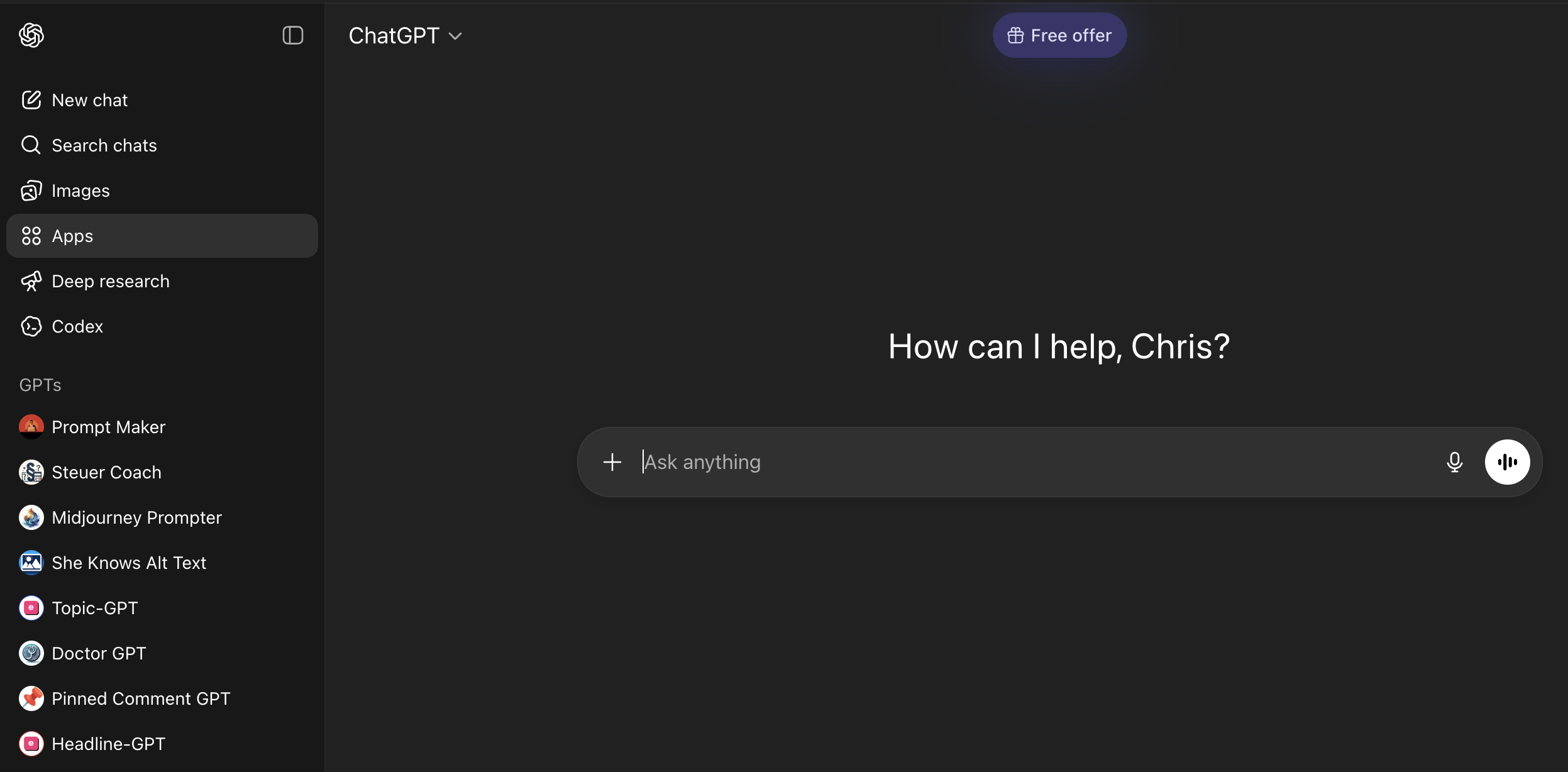 ChatGPT dark interface showing Apps menu and "How can I help, Chris?"