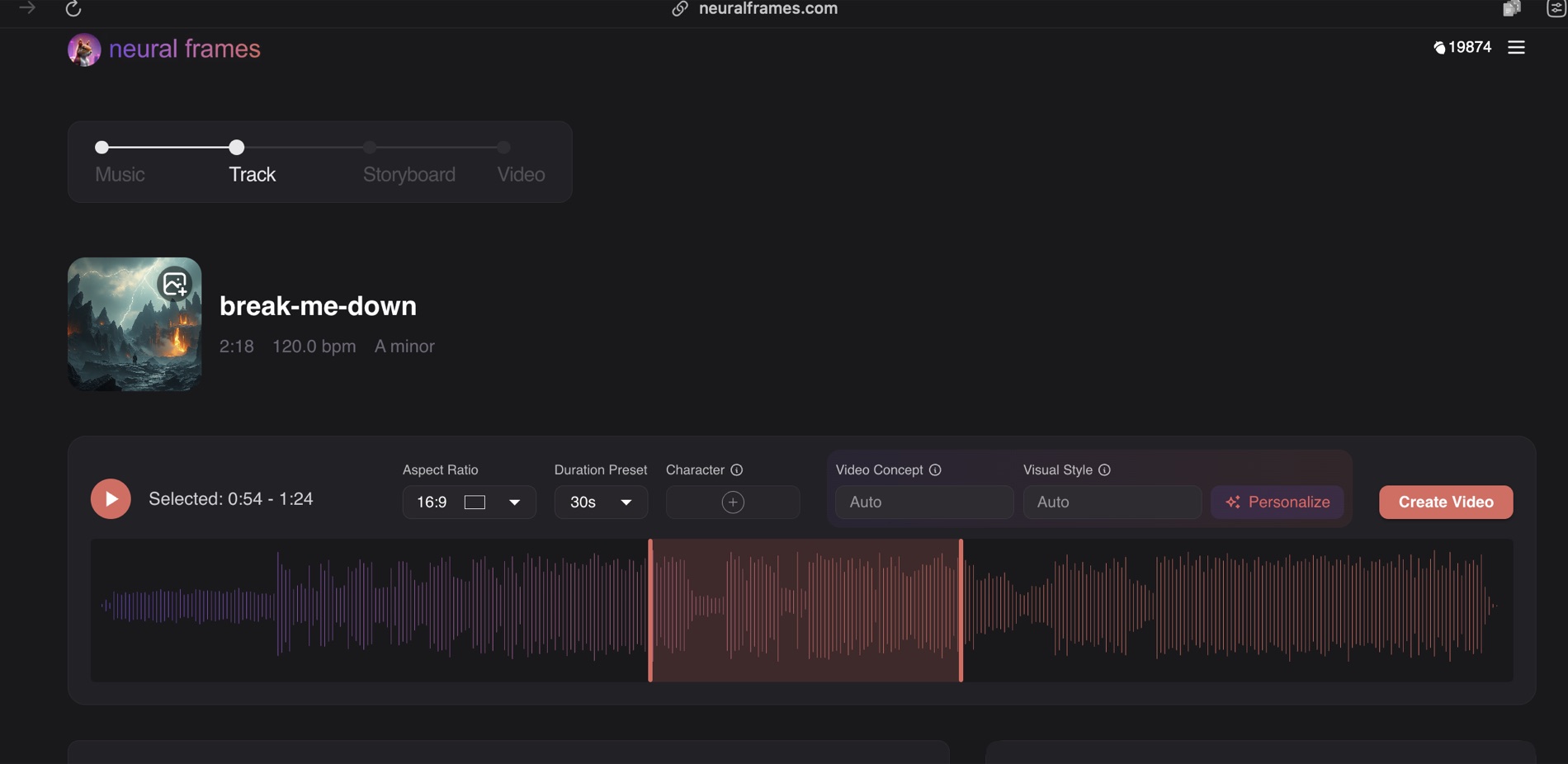 Neural Frames track settings panel showing aspect ratio, duration, character, video concept, and visual style controls.