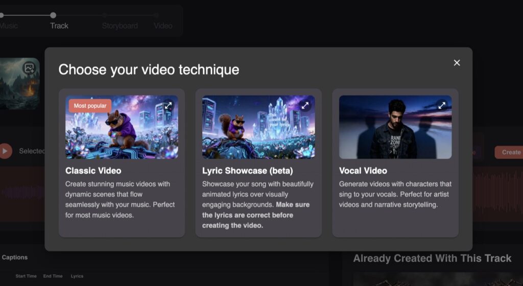 Neural Frames video technique selection modal with Classic Video, Lyric Showcase, and Vocal Video options.