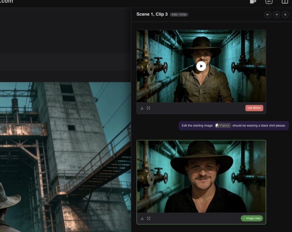 Neural Frames scene editor showing a clip of a man in an industrial tunnel with an image editing prompt below.