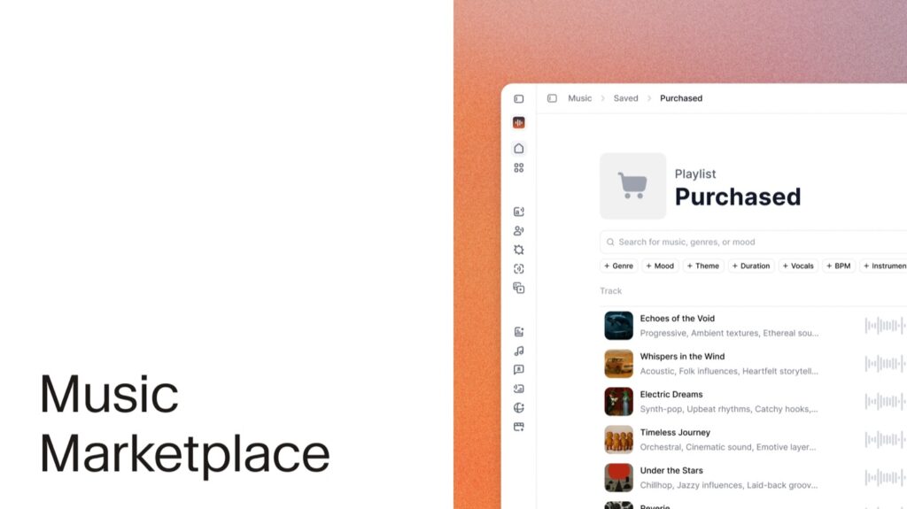 ElevenLabs Music Marketplace interface showing a purchased playlist with tracks filtered by genre, mood, and BPM.
