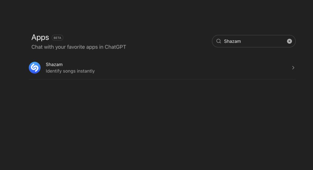 ChatGPT Apps Beta search results showing Shazam - Identify songs instantly