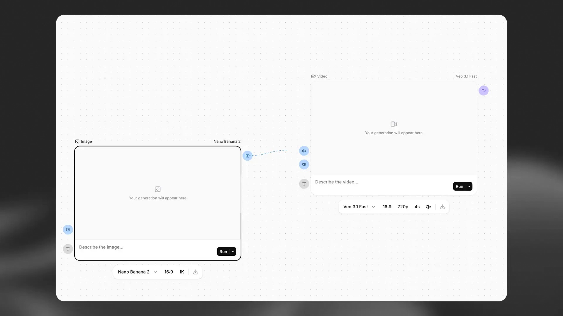 Flows canvas with an image node connected via dashed line to a video node to build a chained generation workflow.