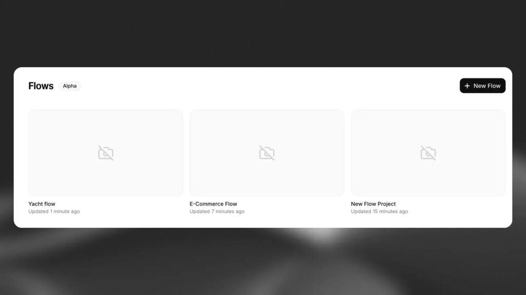 Flows Alpha dashboard showing three AI workflow projects with a New Flow button in the top right	
