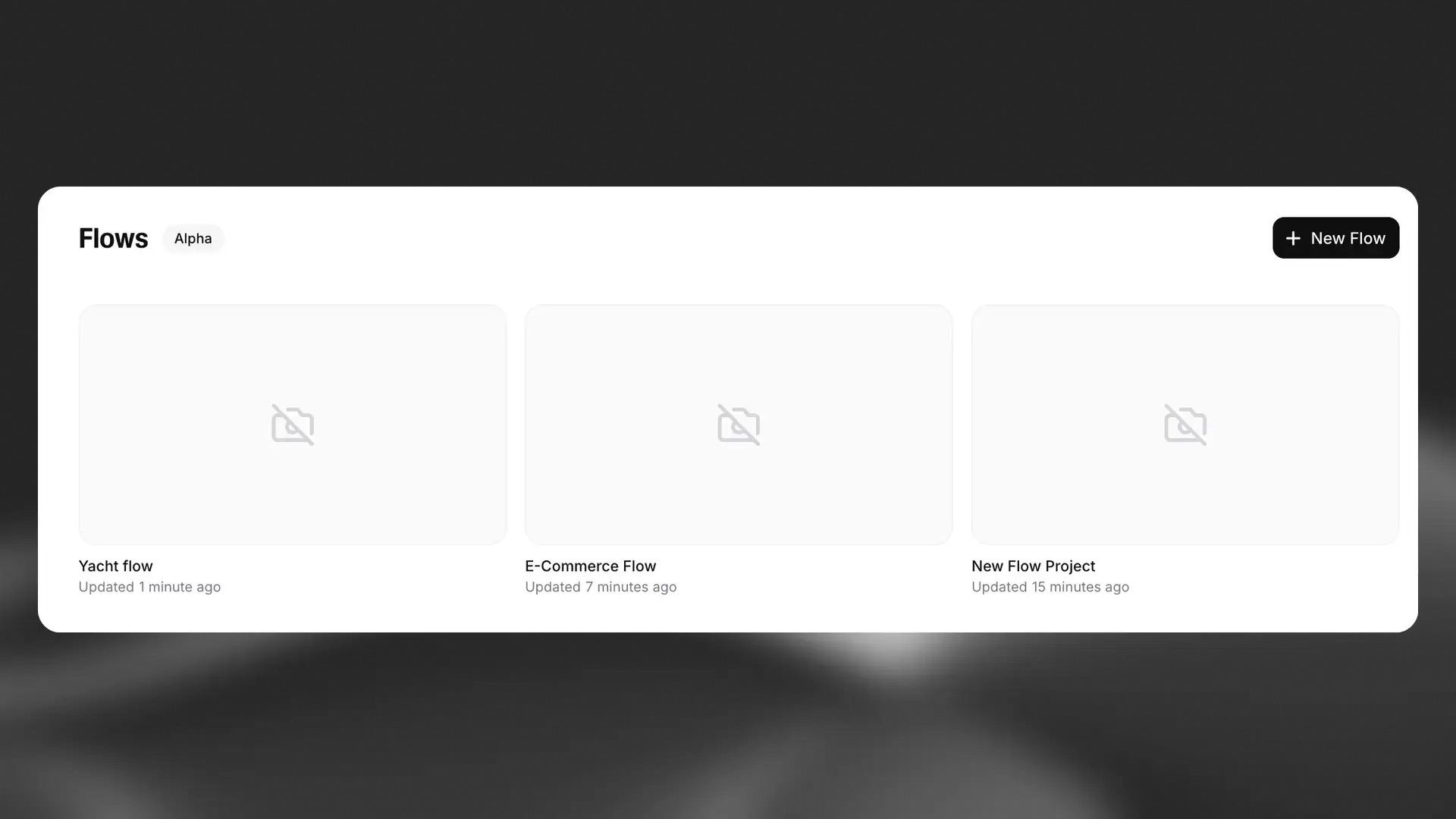 Flows Alpha dashboard showing three AI workflow projects with a New Flow button in the top right