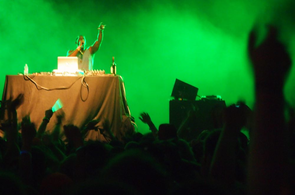 Flying Lotus performing a late-night set on stage at Bonnaroo Music Festival, Tennessee, 2012.