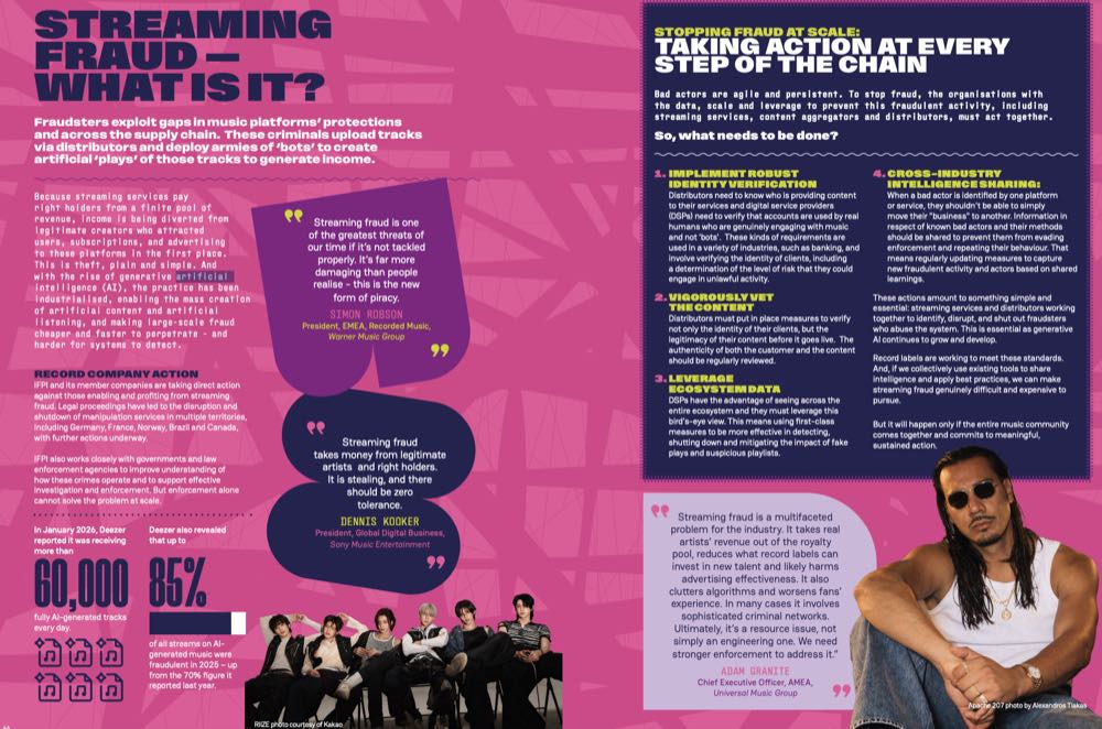 IFPI Global Music Report 2026 streaming fraud section with industry exec quotes and action steps.