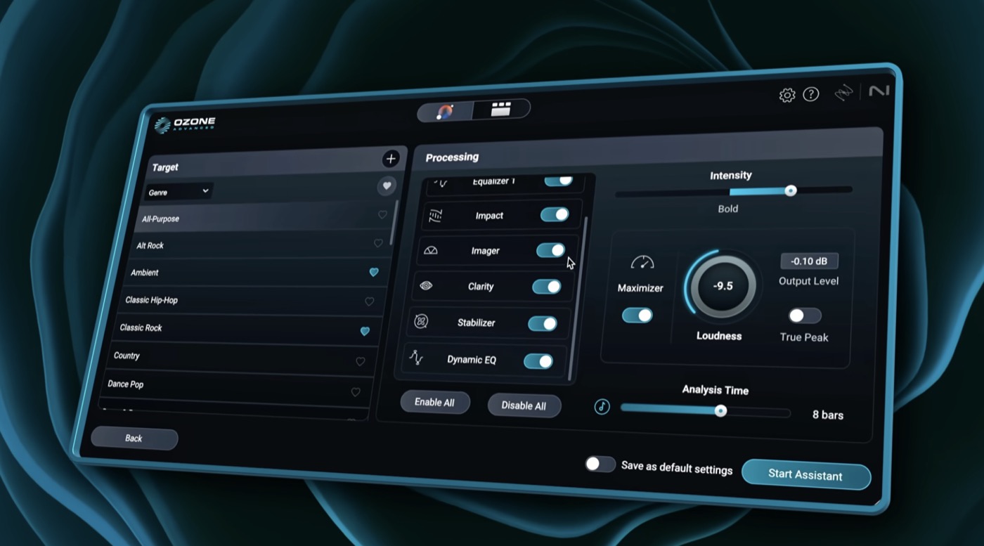 iZotope Ozone Advanced Master Assistant showing genre targets and AI processing chain with Maximizer settings.