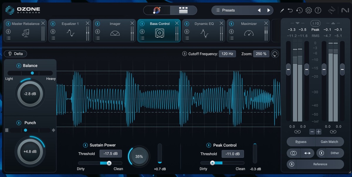 iZotope Ozone Standard Bass Control module open with Balance at -2.8 dB and Punch at +4.8 dB, 120 Hz cutoff.