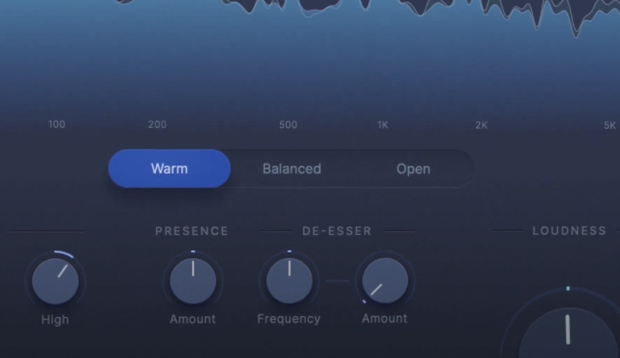 LANDR Mastering plugin close-up showing Warm mode selector with Presence, De-Esser Frequency and Amount knobs.