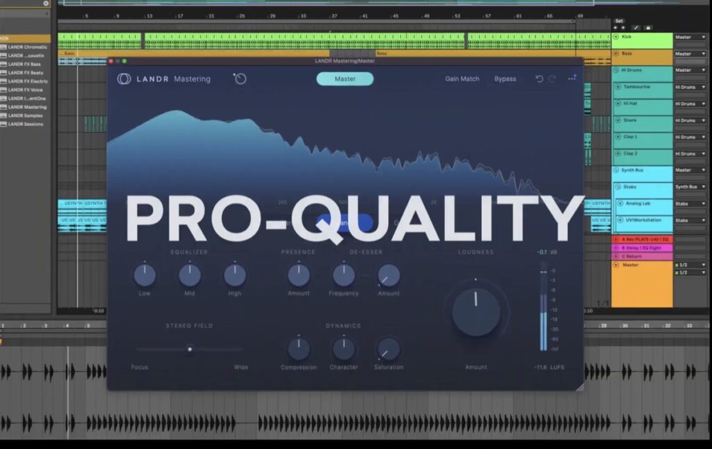 LANDR Mastering plugin inside Ableton Live with large bold PRO-QUALITY text overlay across the interface.
