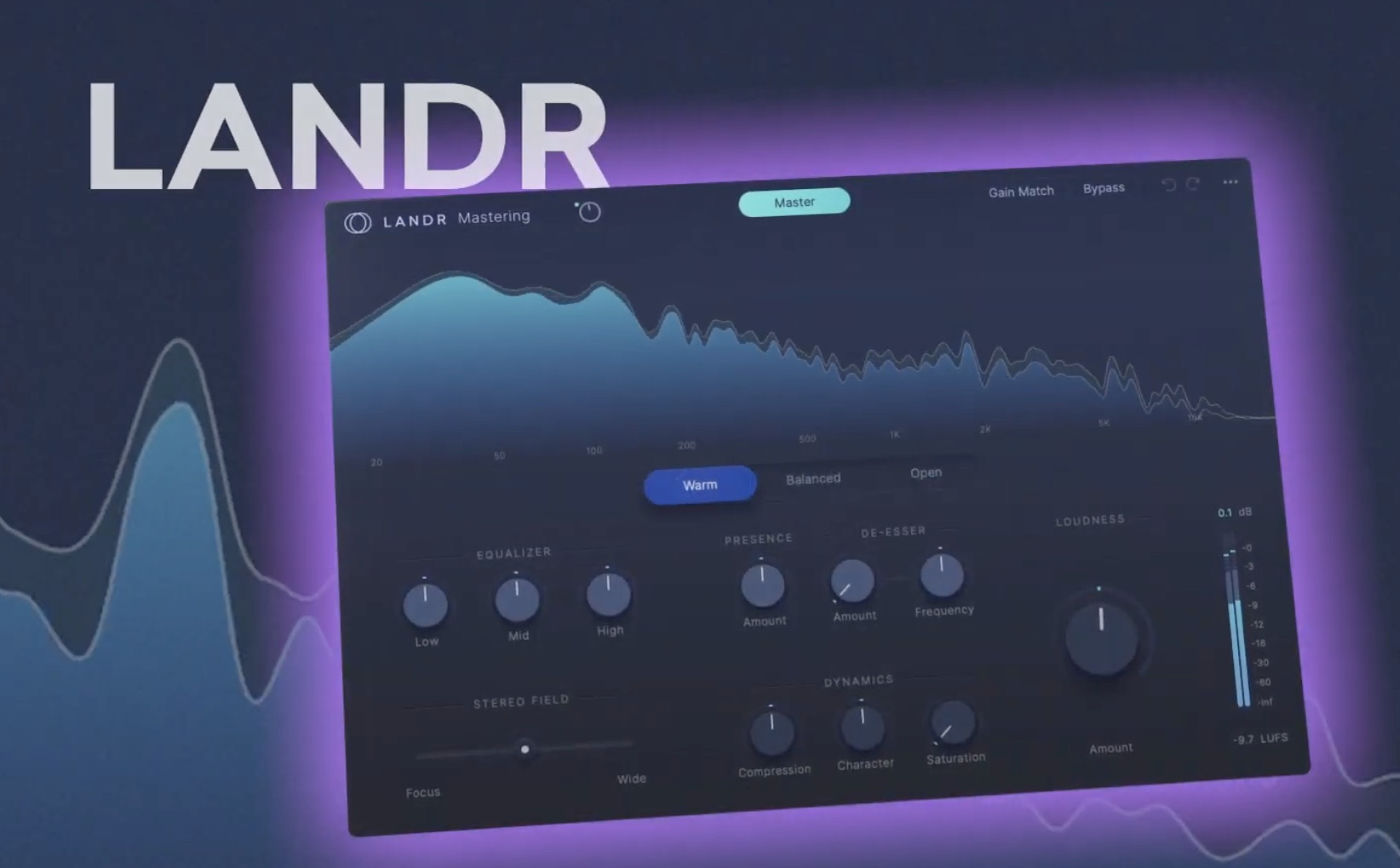 LANDR Mastering plugin UI in Warm mode with spectral display on dark blue-purple gradient background.