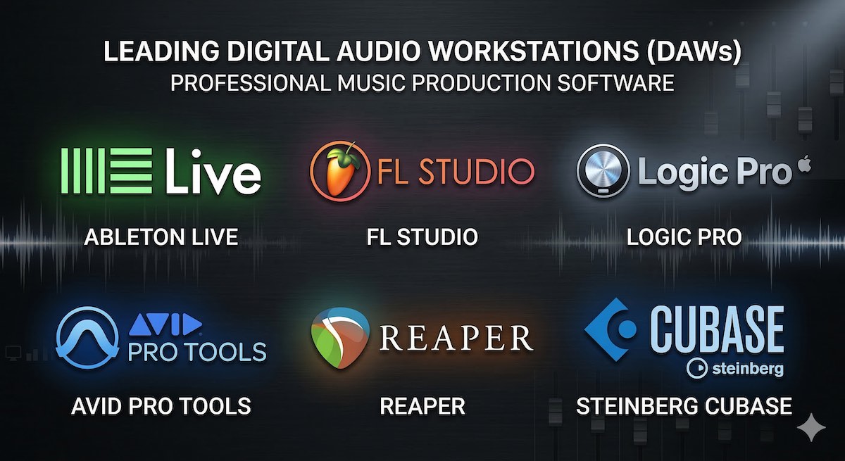 Six leading DAW logos on dark background — Ableton Live, FL Studio, Logic Pro, Avid Pro Tools, REAPER, and Steinberg Cubase.