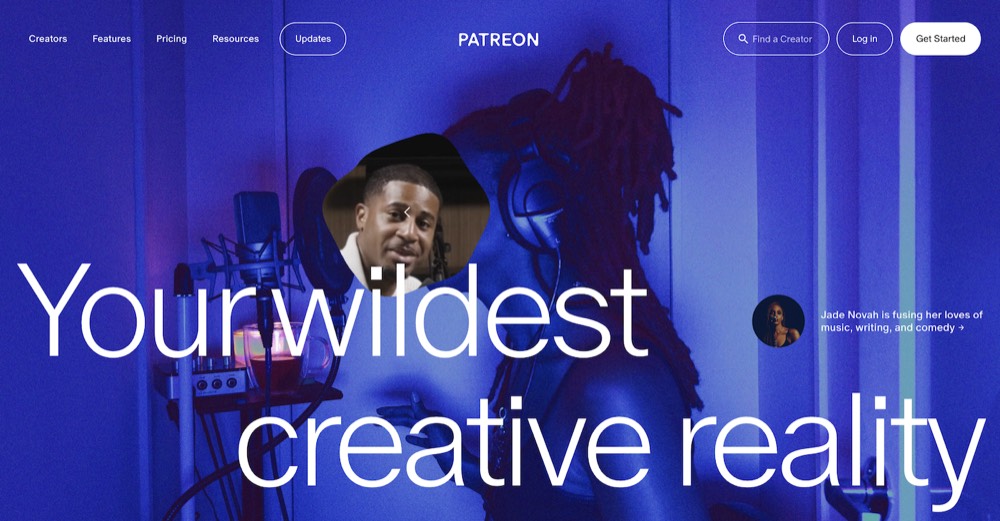 Patreon homepage hero showing a music creator recording in a blue-lit studio