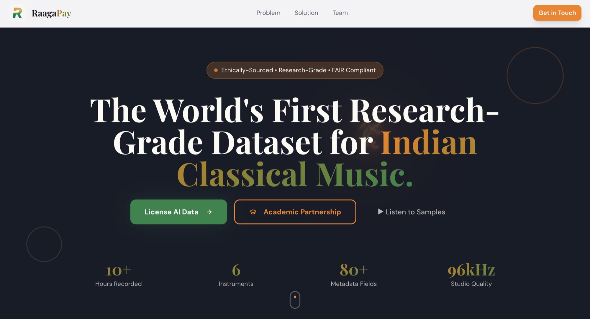 RaagaPay website hero section promoting the world's first research-grade dataset for Indian classical music.