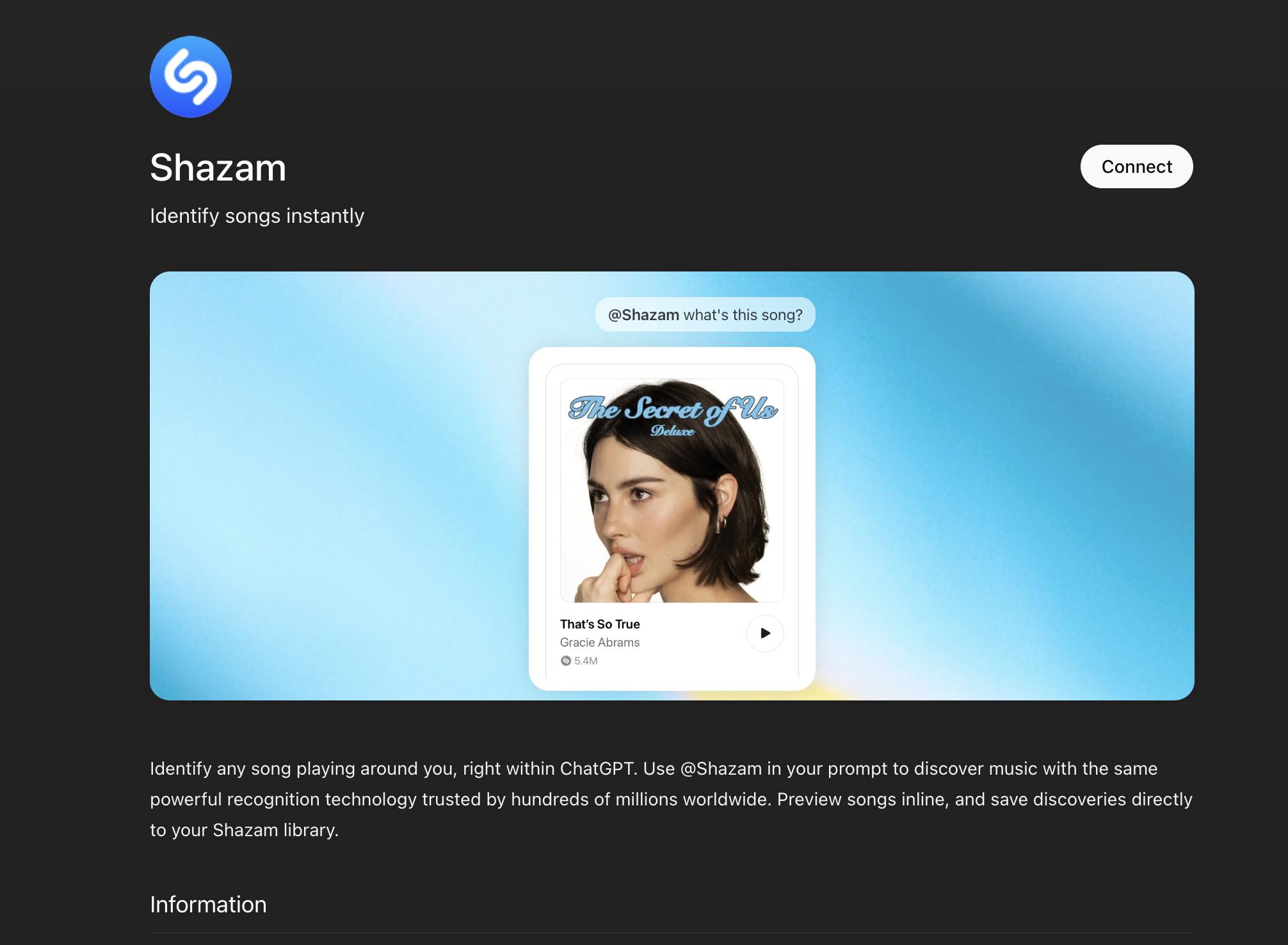 Shazam app listing in ChatGPT App Store with Connect button