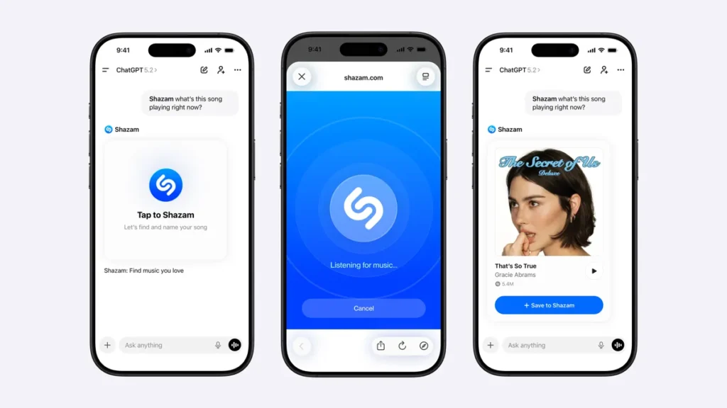 Three iPhones showing Shazam song recognition flow inside ChatGPT mobile app