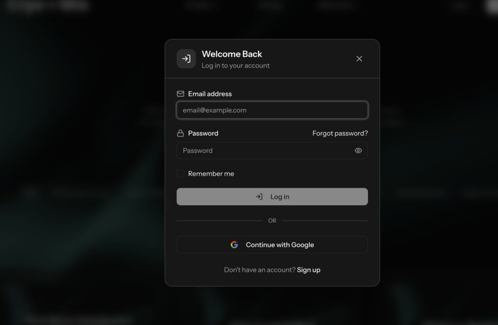 Cryo Mix sign-up screen with email login form on dark gradient background