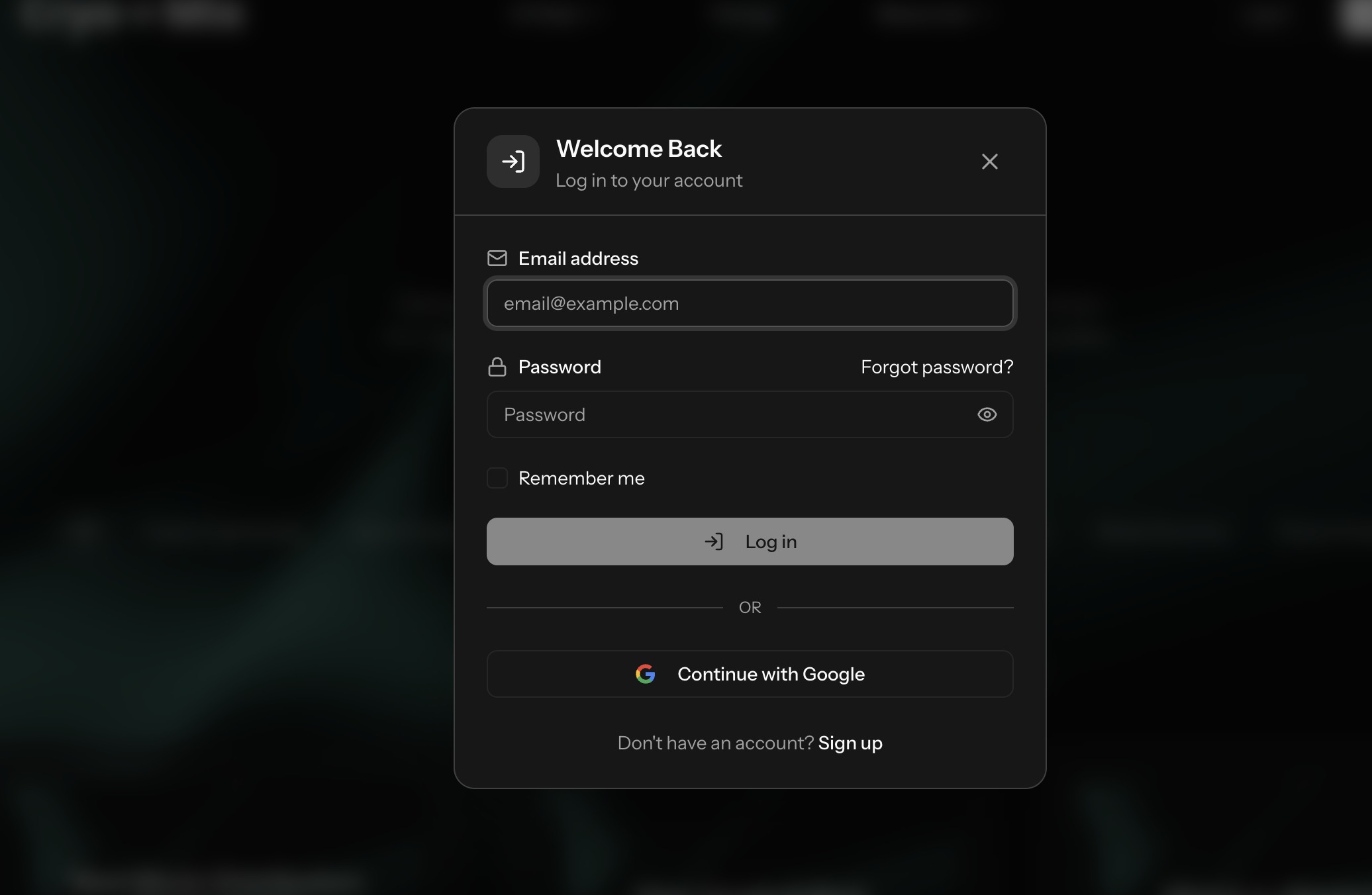 Cryo Mix sign-up screen with email login form on dark gradient background