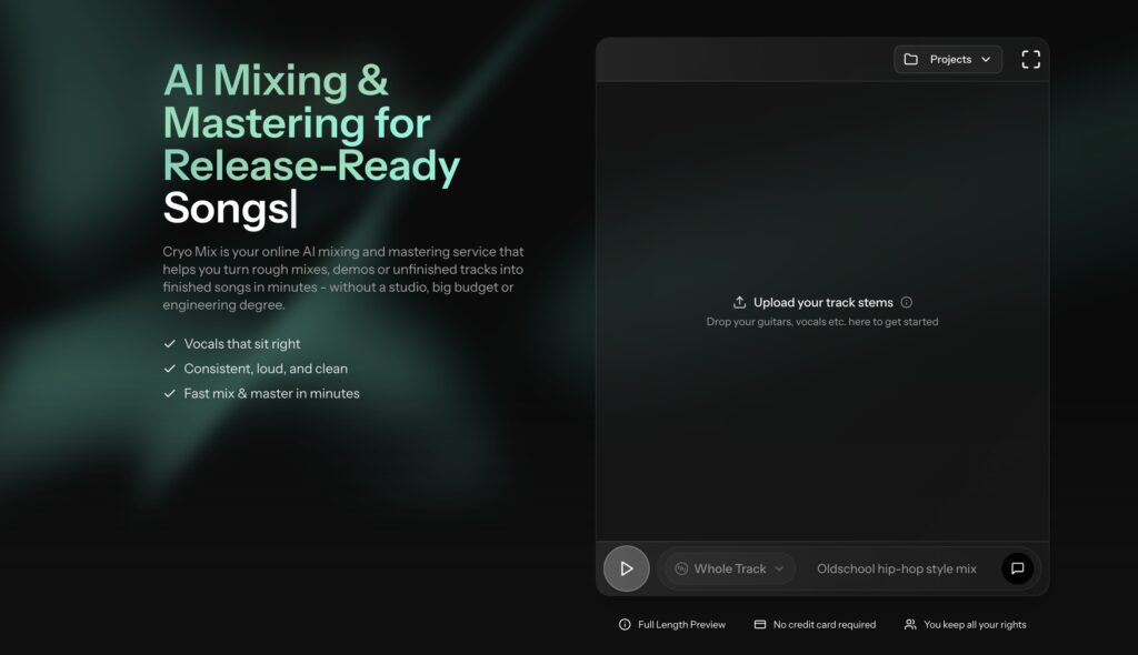 Cryo Mix homepage: AI Mixing & Mastering for Release-Ready Songs with upload CTA