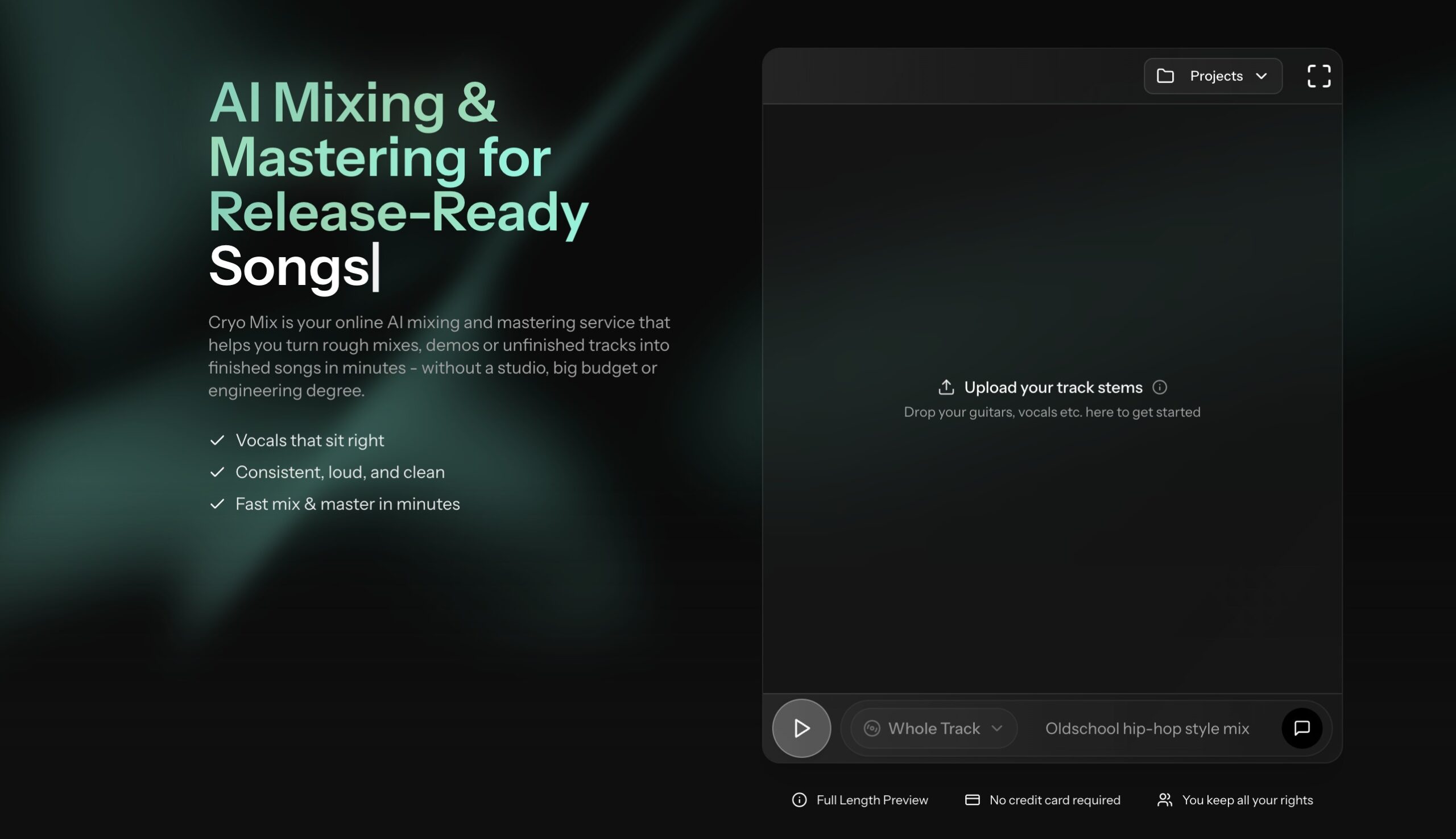 Cryo Mix homepage: AI Mixing & Mastering for Release-Ready Songs with upload CTA
