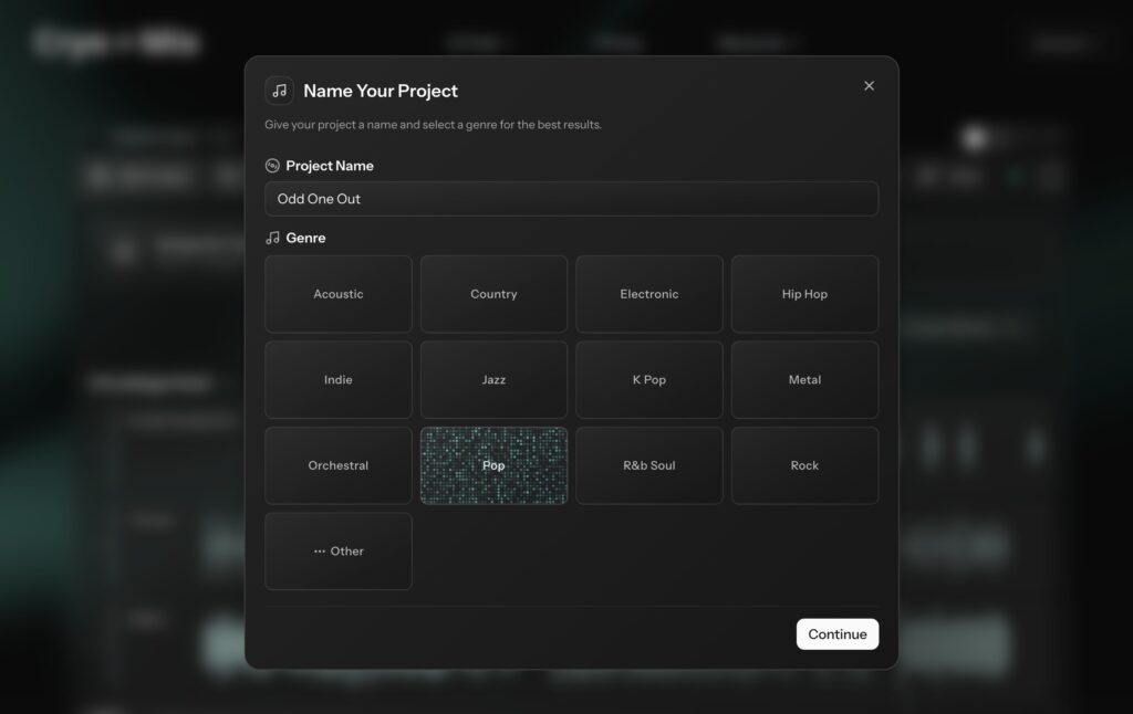 Name Your Project dialog with genre selection in Cryo Mix