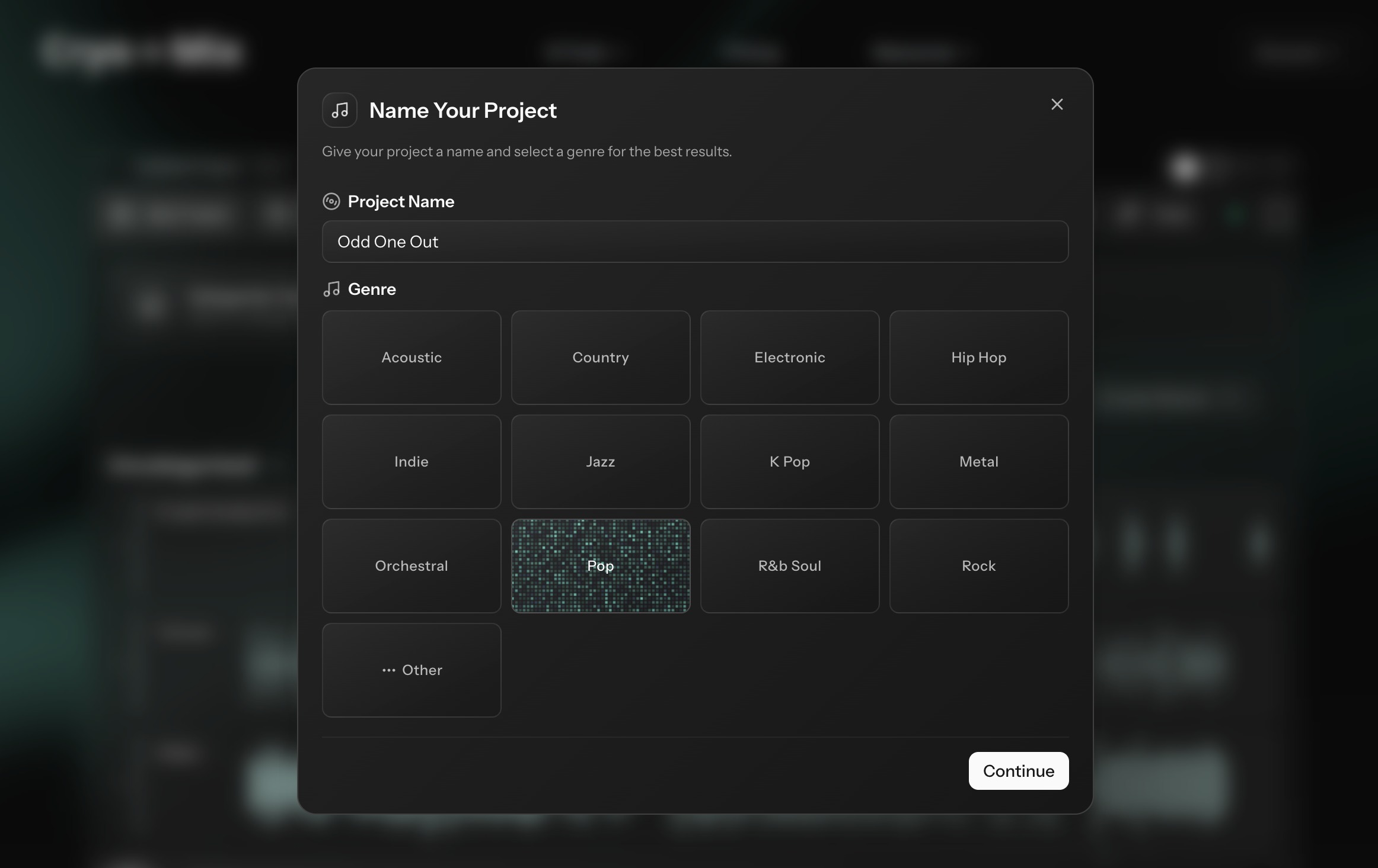 Name Your Project dialog with genre selection in Cryo Mix