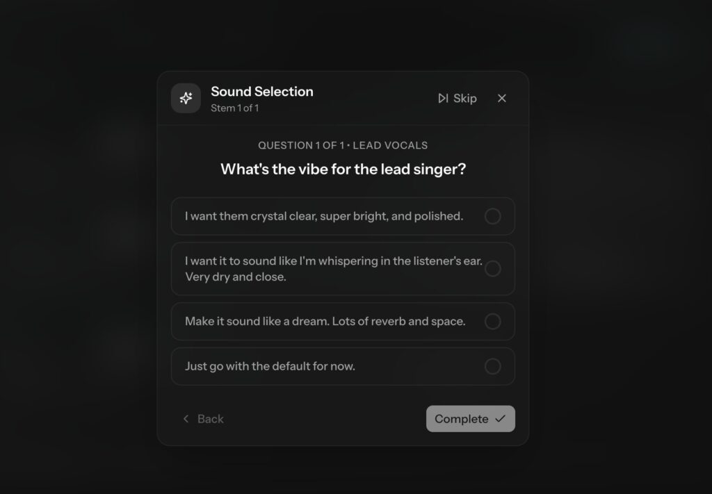 Sound Selection dialog asking about vocal vibe and style in Cryo Mix