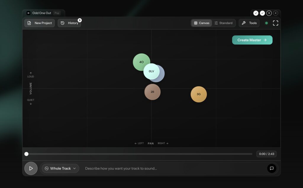 Cryo Mix canvas view with floating stem nodes and visual mixing layout