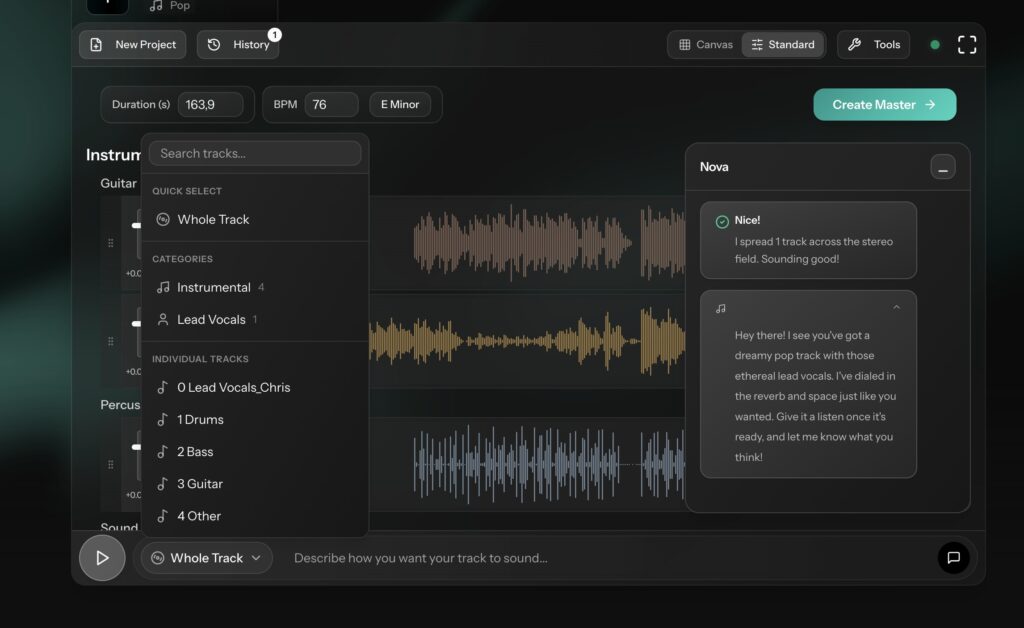 Cryo Mix standard view showing stem list and Nova AI chat interface