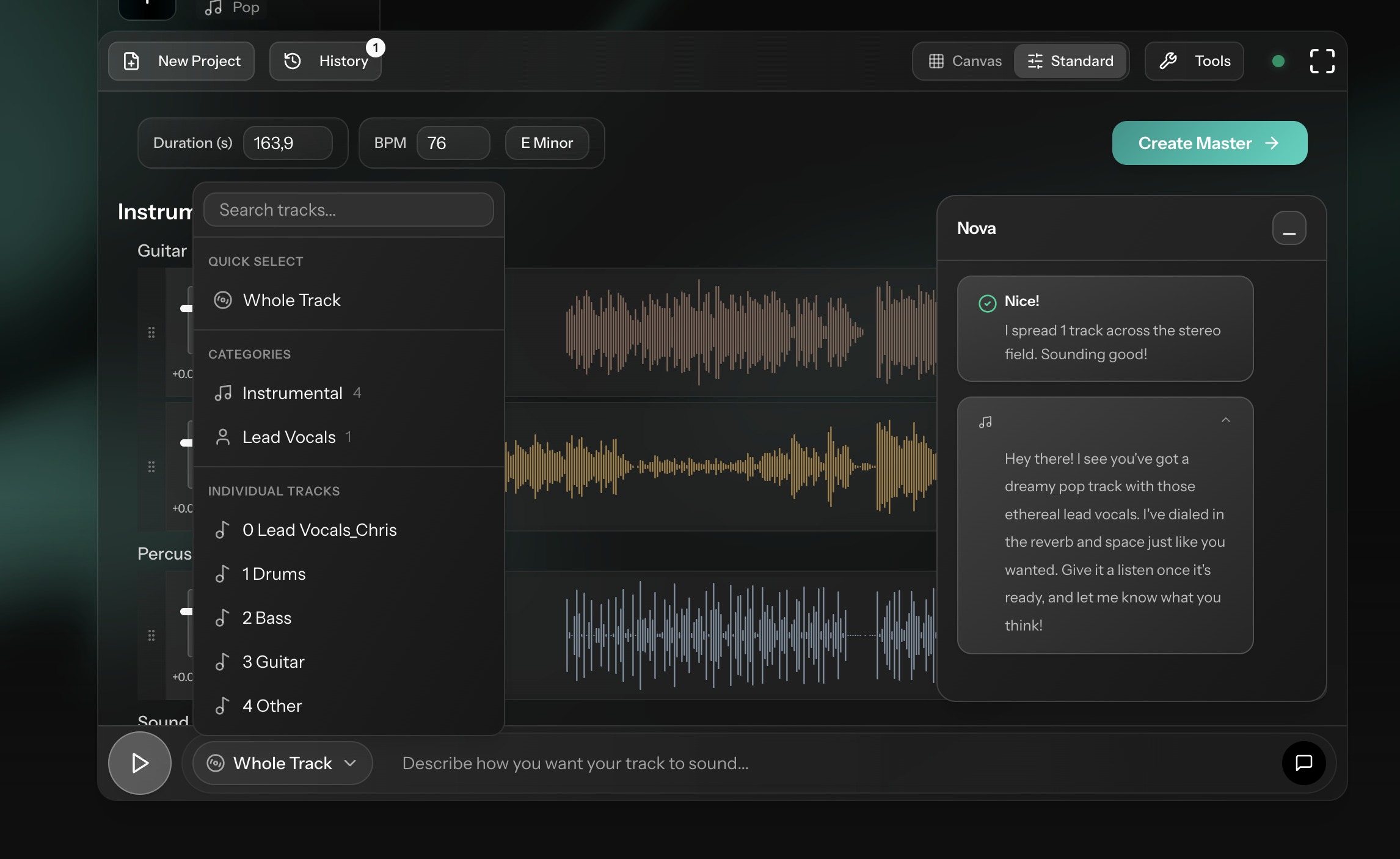 Cryo Mix standard view showing stem list and Nova AI chat interface