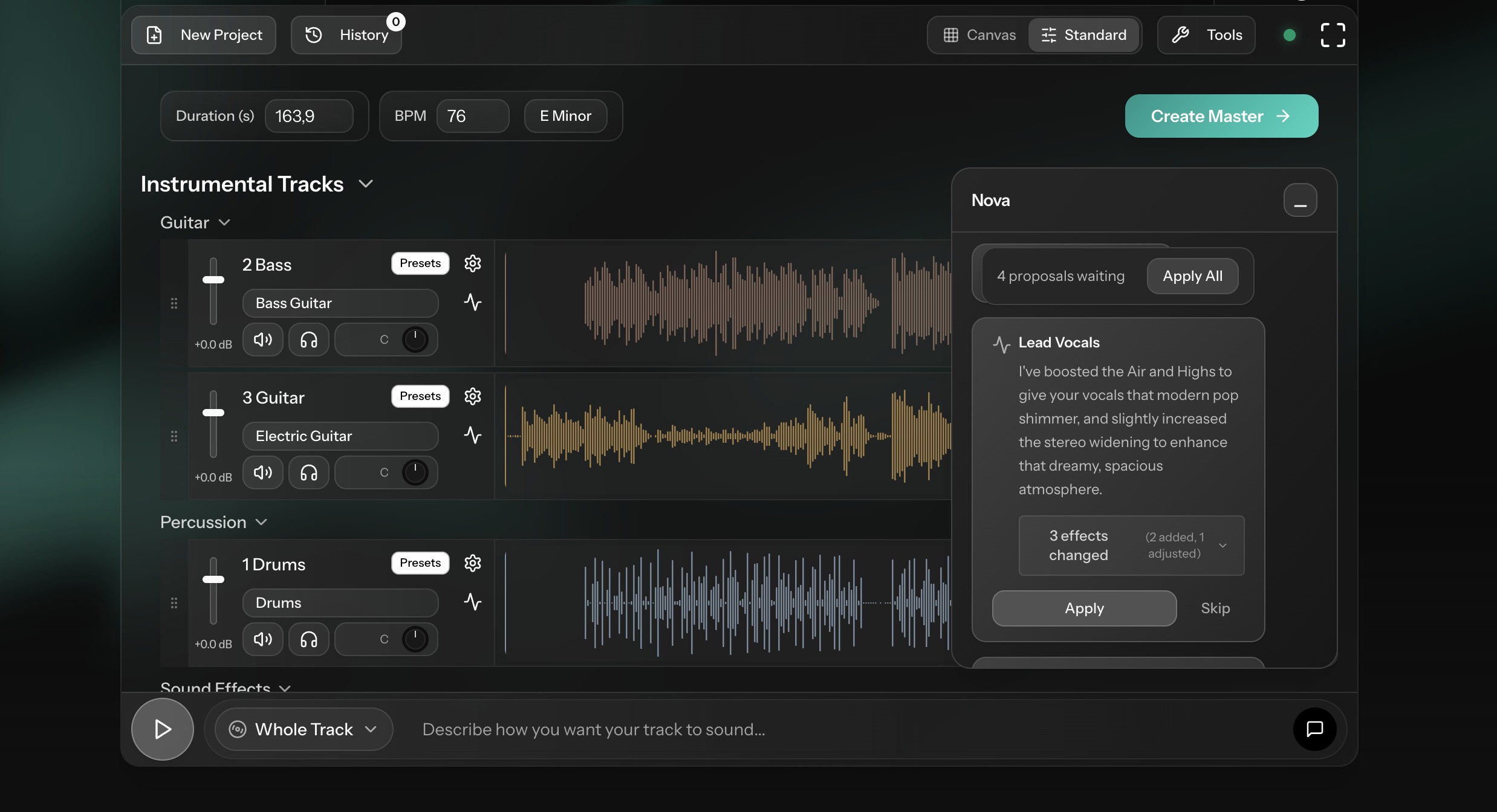 Nova AI lead vocal mix suggestions displayed in Cryo Mix mixer