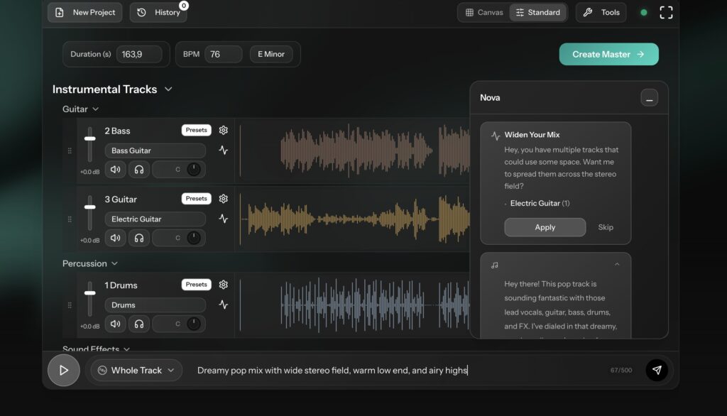 Nova AI whole track mix prompt highlighted in Cryo Mix interface