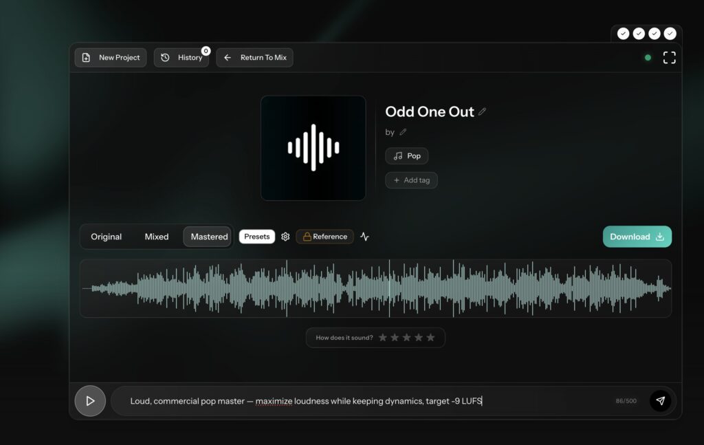Cryo Mix mastering screen with Master button and download option