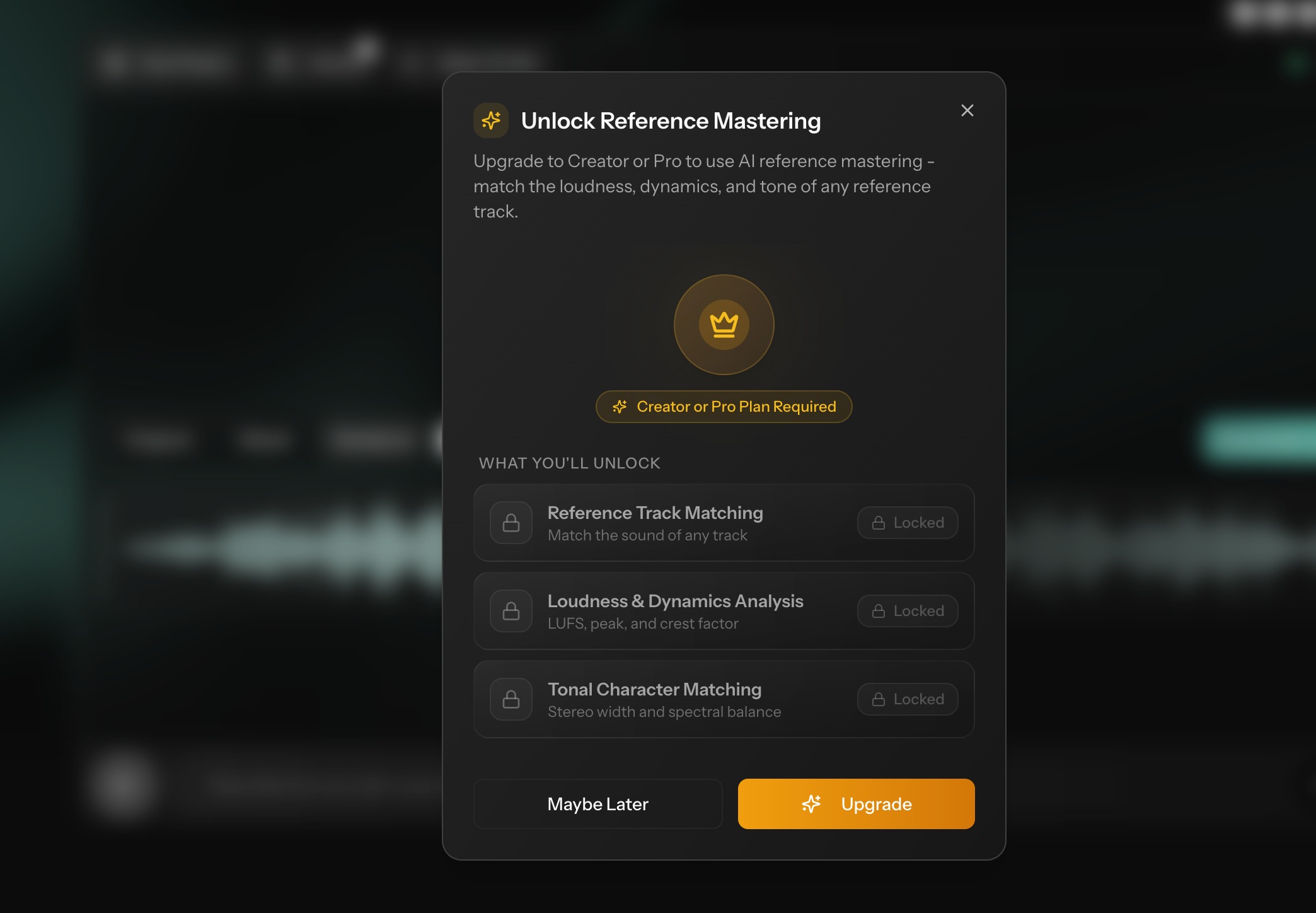 Unlock Reference Mastering upgrade modal in Cryo Mix