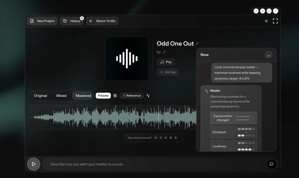 Nova AI mastering suggestions panel in Cryo Mix master view