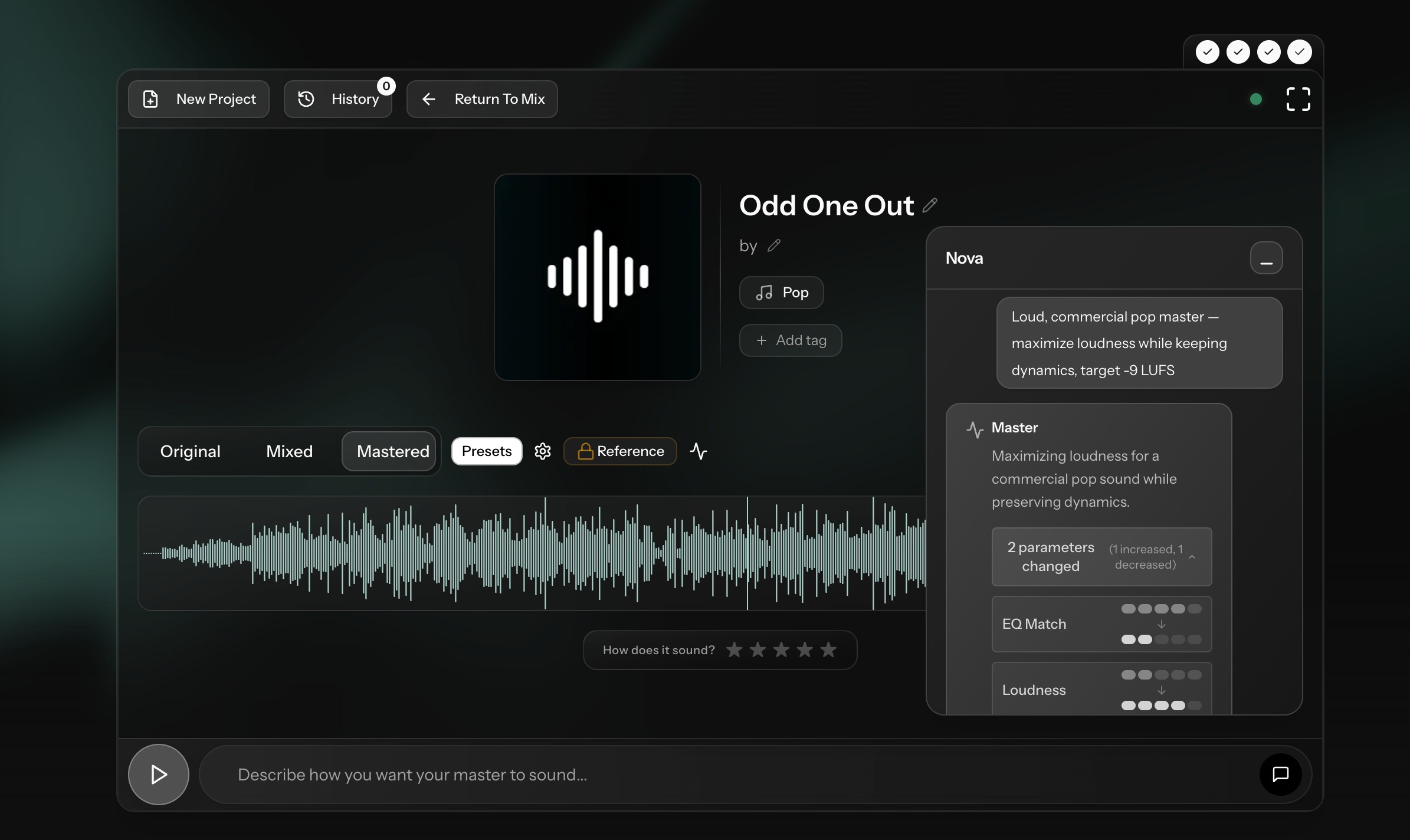 Nova AI mastering suggestions panel in Cryo Mix master view