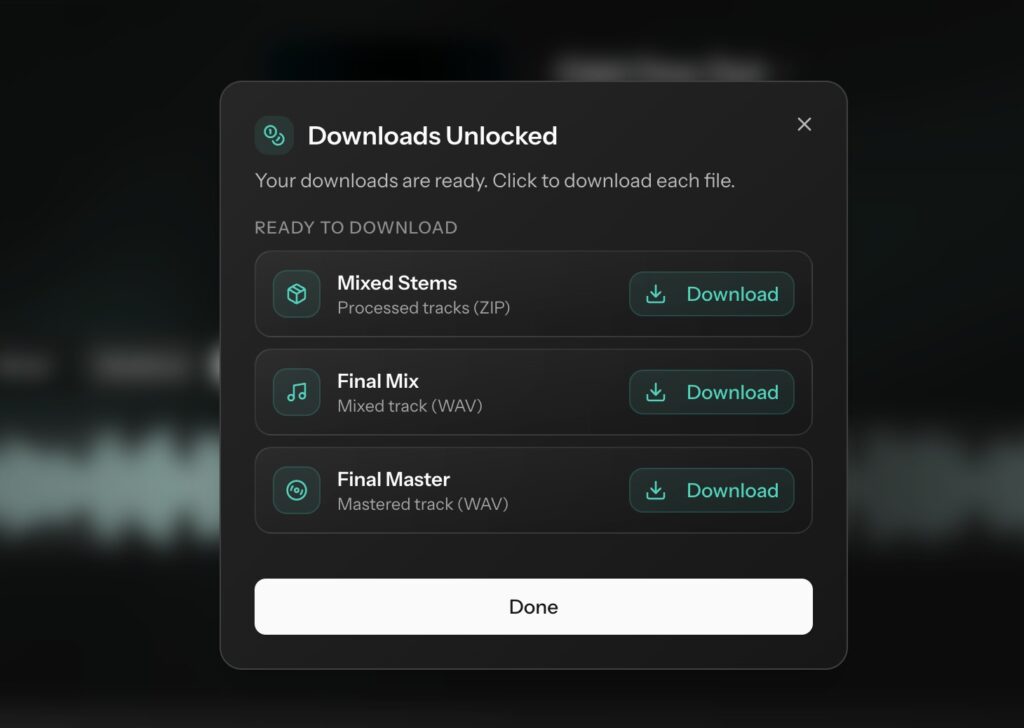 Cryo Mix Downloads Unlocked screen for exporting mix and master files