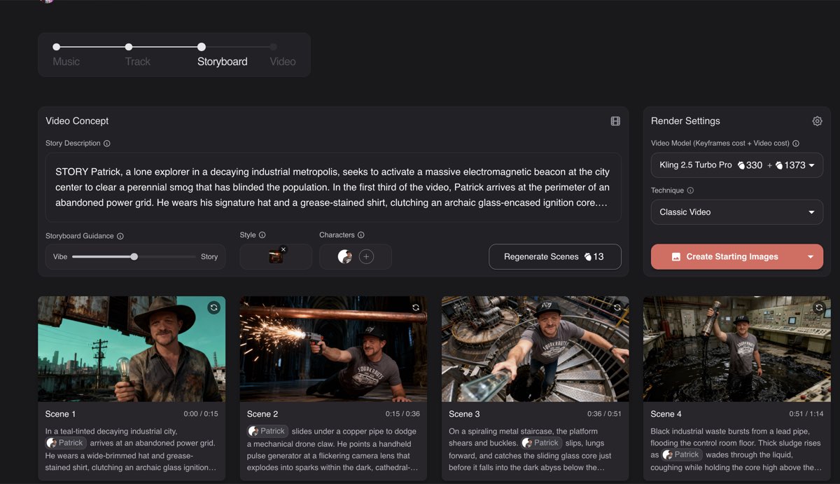 Neural Frames storyboard view showing four rendered scene thumbnails of Patrick in industrial settings.
