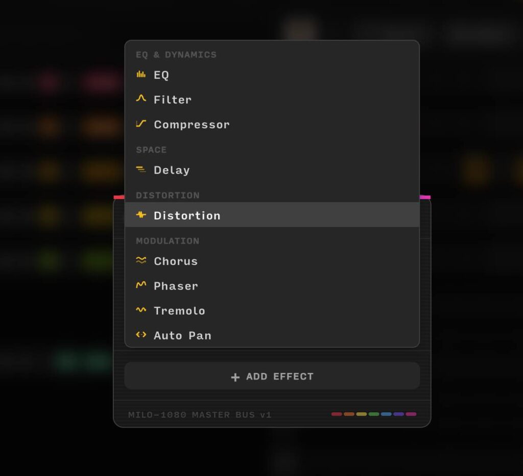 Suno MILO-1080 effects menu showing eight effect types: EQ, Filter, Compressor, Delay, Distortion, Chorus, Phaser, Tremolo.