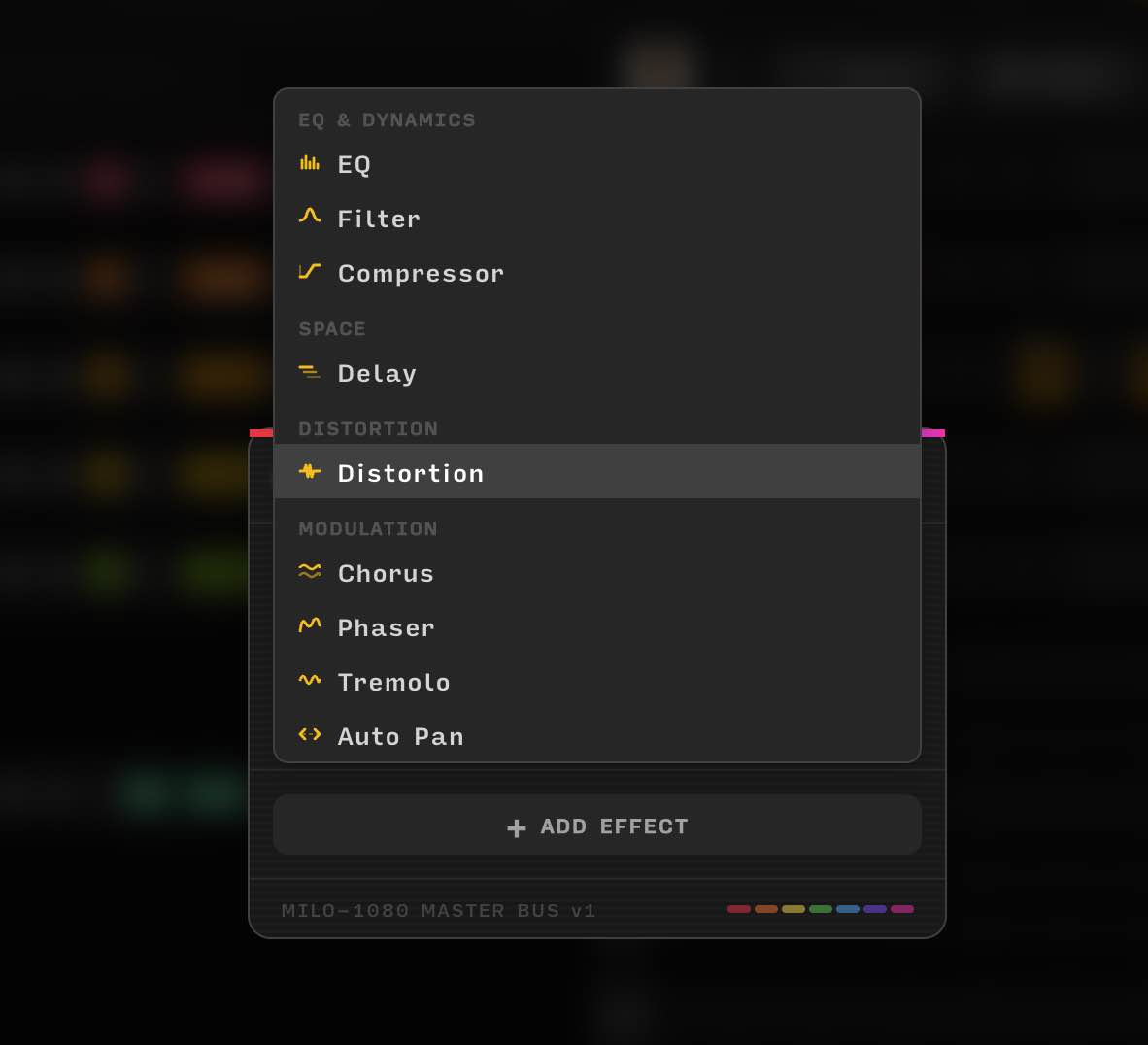 Suno MILO-1080 effects menu showing eight effect types: EQ, Filter, Compressor, Delay, Distortion, Chorus, Phaser, Tremolo.