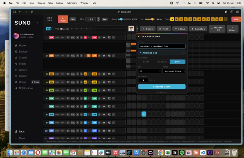 Complete Suno MILO-1080 browser interface showing Idea Generator panel and full step sequencer workspace.