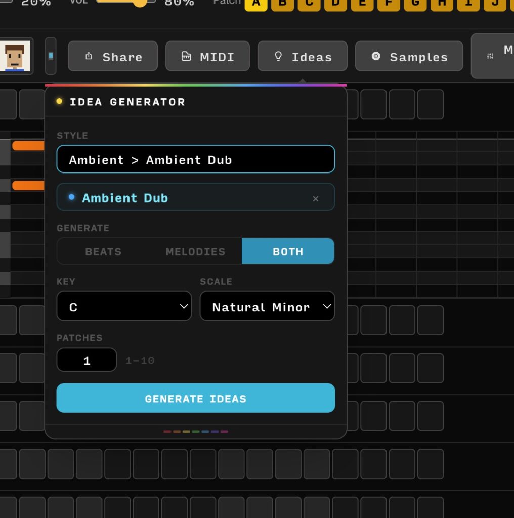 Suno MILO-1080 Idea Generator panel set to Ambient Dub style in C key Natural Minor scale.