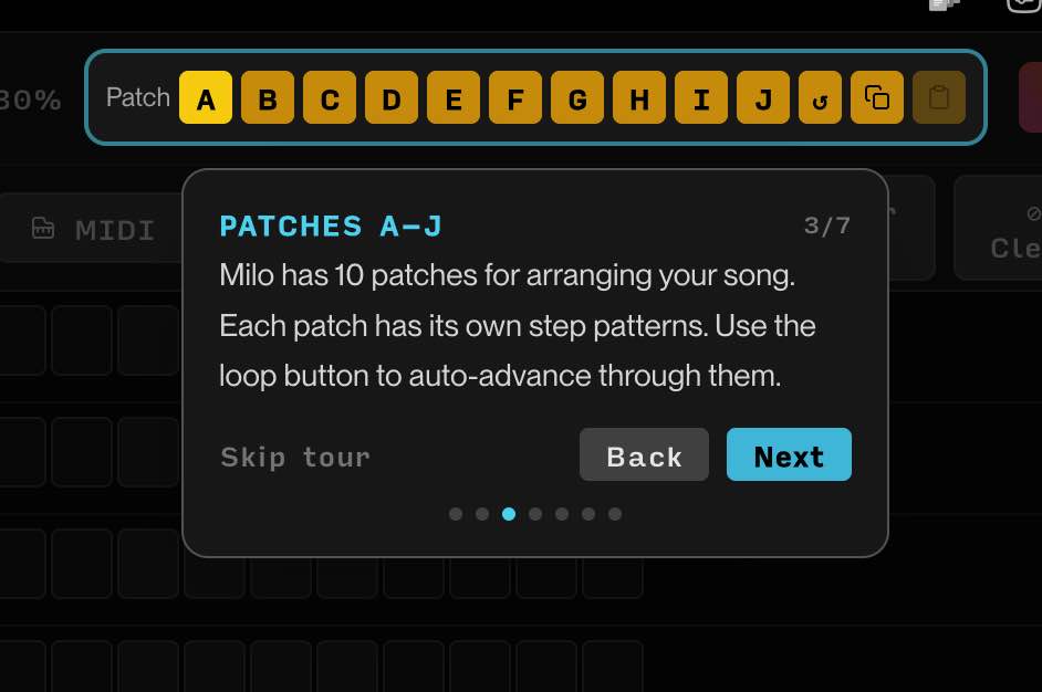 Suno MILO-1080 Patches interface showing 10 arrangement sections (A-J) with loop button for composition.