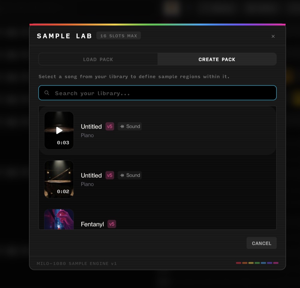 Suno MILO-1080 Sample Lab interface with Load Pack and Create Pack options for audio sampling.