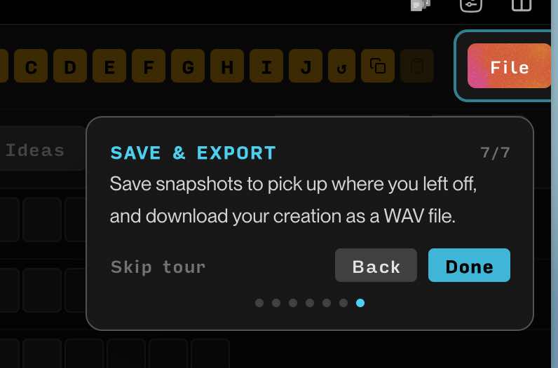 Suno MILO-1080 Save & Export dialog explaining snapshot persistence and WAV file download functionality.
