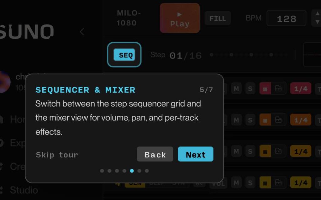 Suno MILO-1080 Sequencer & Mixer tour slide describing step sequencer and mixer view switching capabilities.