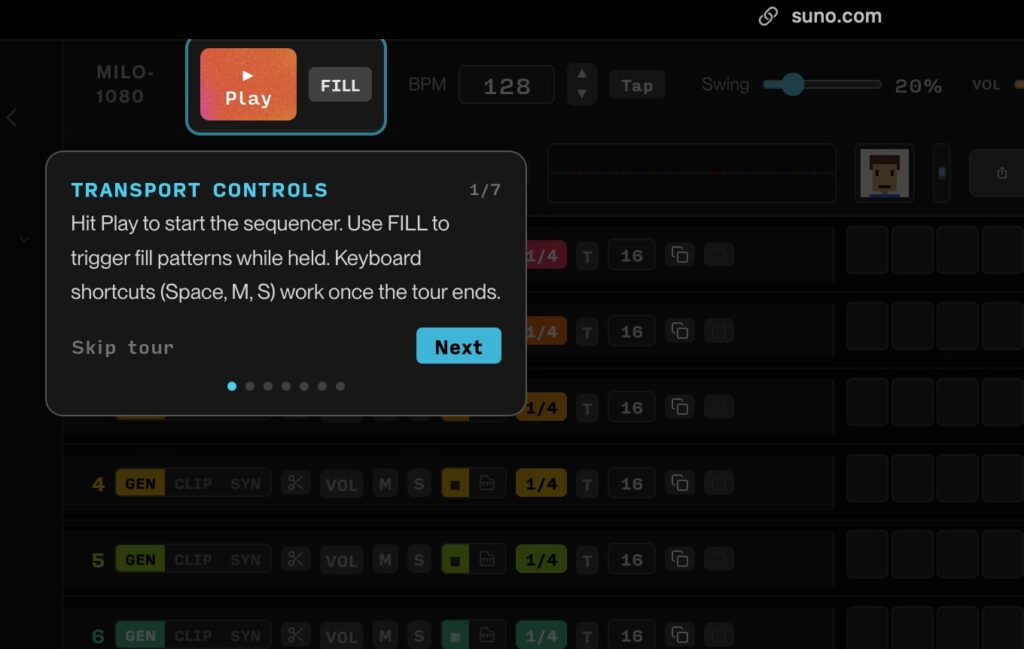 Suno MILO-1080 Transport Controls tour slide showing Play button, FILL function, and keyboard shortcuts.