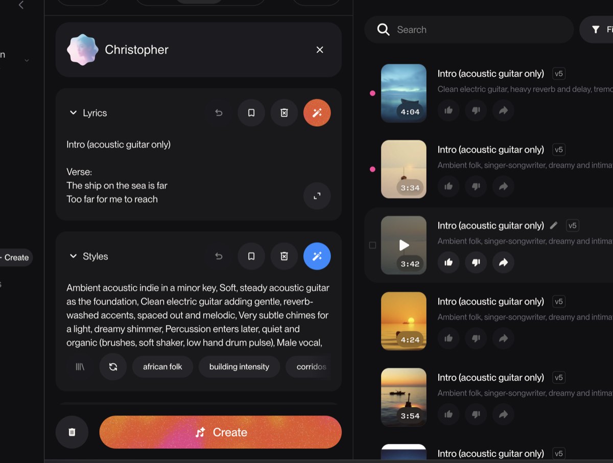 Suno v5.5 create interface with Christopher voice selected, showing lyrics and style prompt fields.