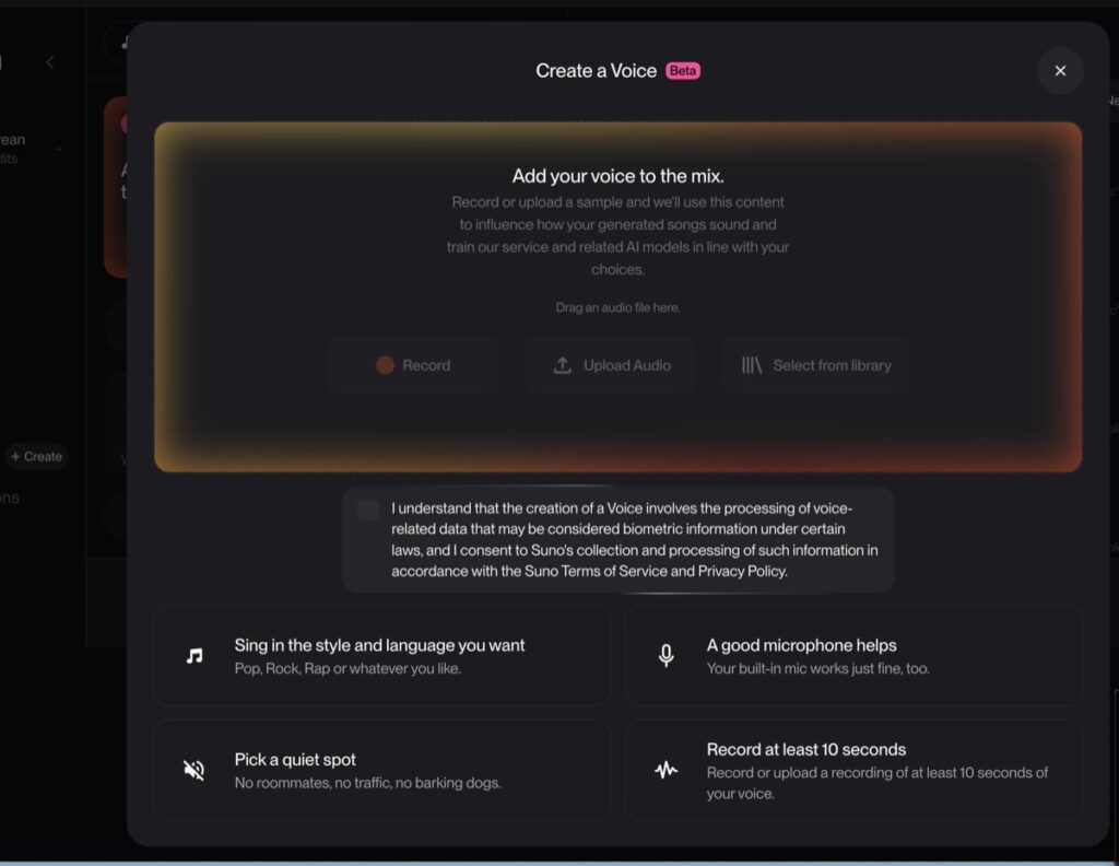Suno v5.5 Create a Voice Beta screen with upload options and biometric data consent text.